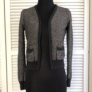 LOFT Charcoal Gray and Silver Threaded White Striped Cardigan